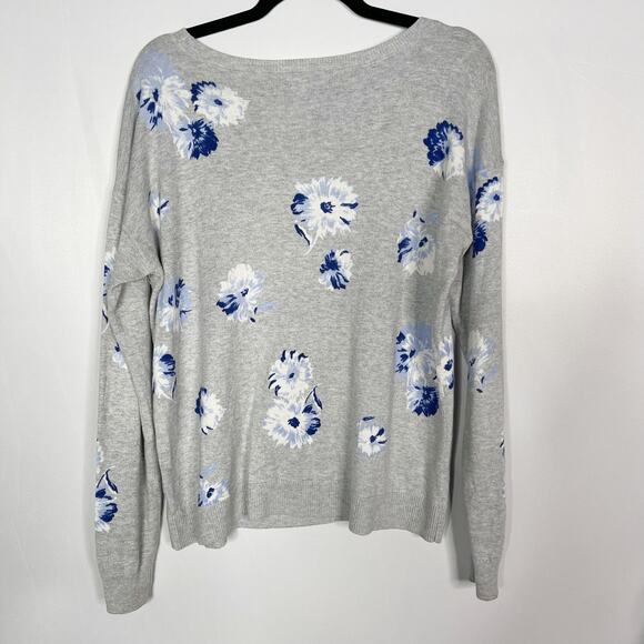Gap Womens Medium M Gray Blue Floral Lightweight Knit Sweater Scoop Neck Cotton - Picture 2 of 6